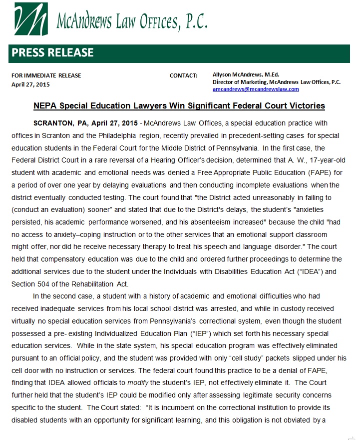 NEPA Special Education Lawyers Win Significant Federal Court Victories 1