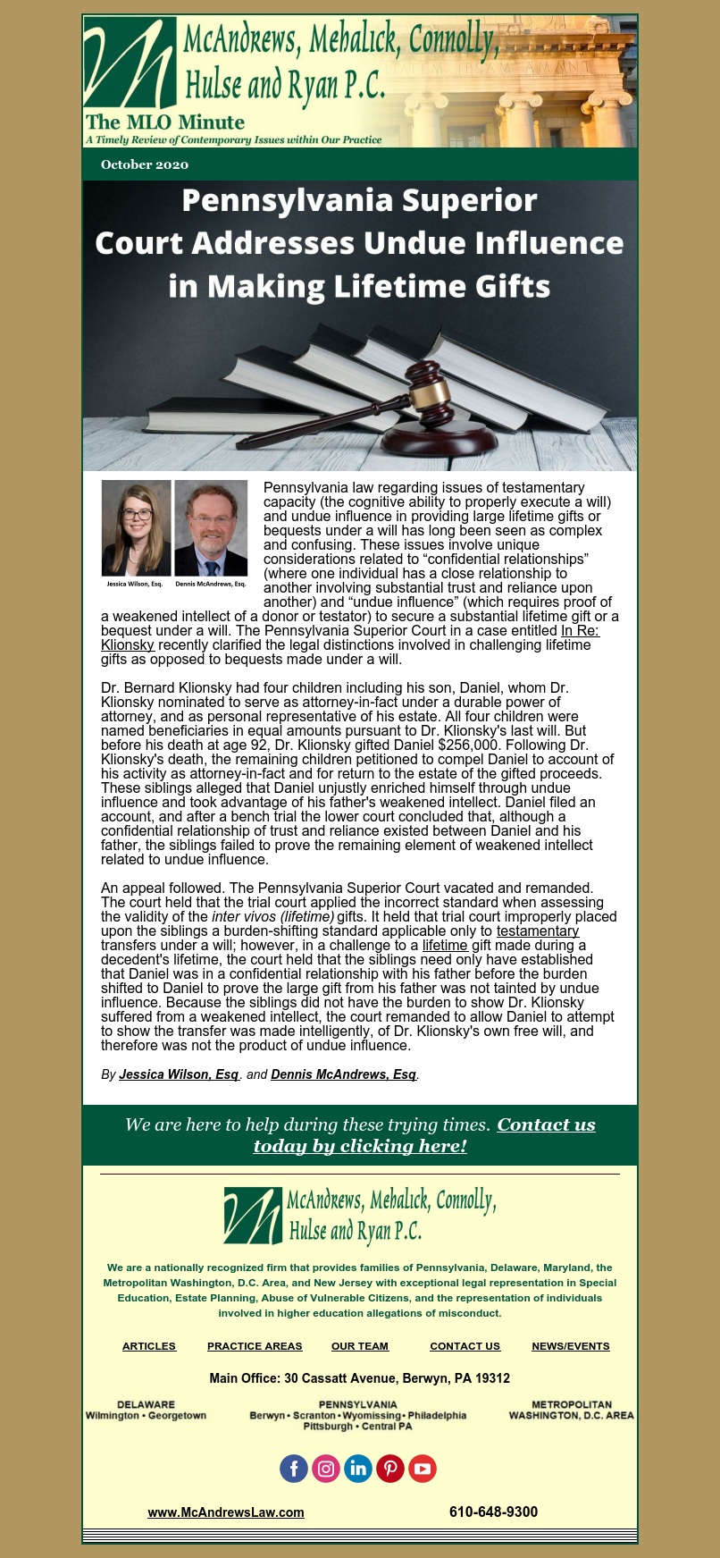 Pennsylvania Superior Court Addresses Undue Influence In Making Lifetime Gifts Mcandrews Law Firm
